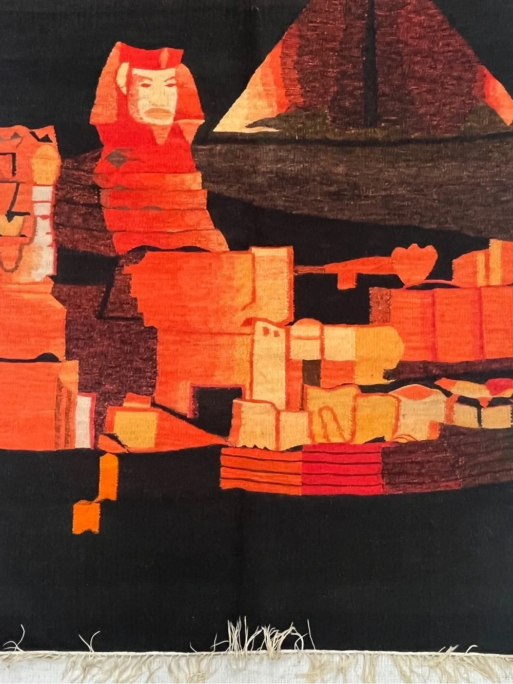 Handwoven Egyptian Sphinx & Pyramid Wall Hanging - Black & Orange 40x64”